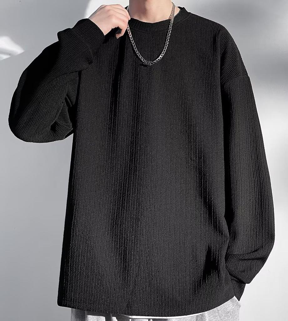 Bligo Long Sleeve Crew Neck Pullover Plus Solid Loose Korean Lightweight Men's T-Shirt, Sizes, Fall/Winter Wear, Color, Fit, Soft, Comfortable,