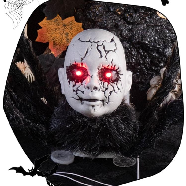 Sound Sensor Activated Walking Scary Doll Face Spiders With Glowing For Halloween Party And Haunting House Decoration