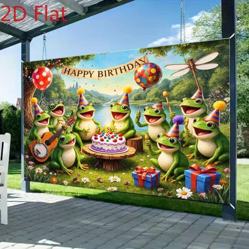 2D Cartoon Frosch Geburtstag Hintergrundtuch, Outdoor Natur Wandbehang
