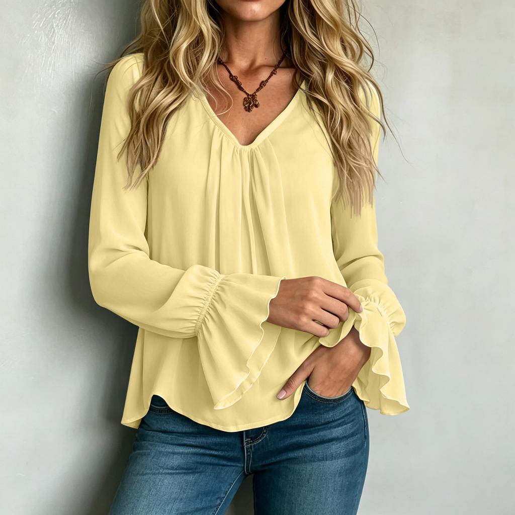 Women's V-Neck Pleated Long Sleeve Loose Fit Blouse - Color Elegant Top