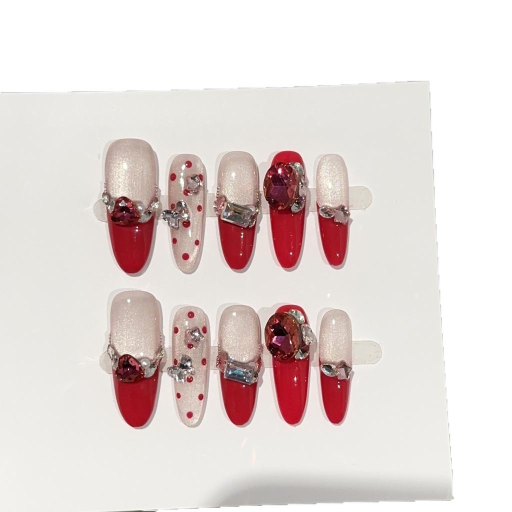 Women Long Press‑On Nails Pure‑Handmade Autumn Winter Rose Red European Stacked Rhinestone Sparkling False Nail Patches