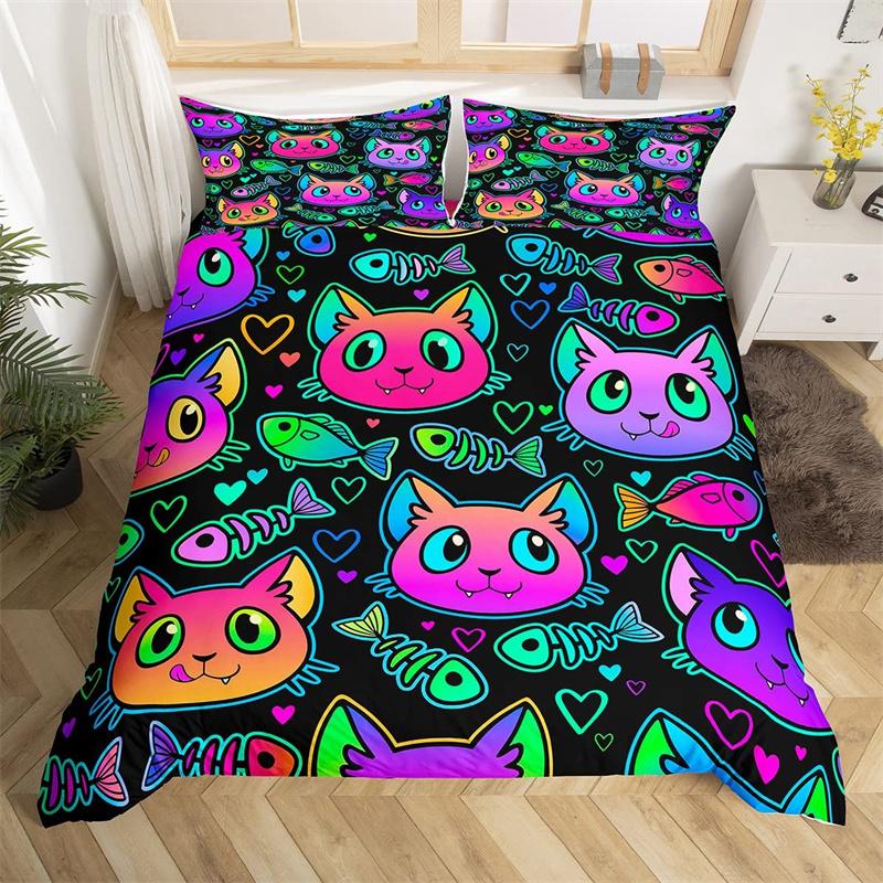 Boho Colorful Cat Duvet Cover Set Cats Star Mushroom Bedding Set Microfiber 3D Kawaii Animals Comforter Cover Twin For Kids Boys