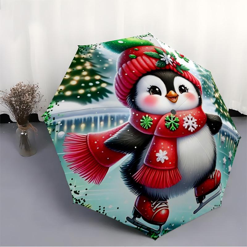 1pc Penguin Ice Skating Christmas Automatic Folding Umbrella,Lightweight Retractable Compact Travel Umbrella,8-Rib Sturdy Frame, Fine Outdoor Umbrella