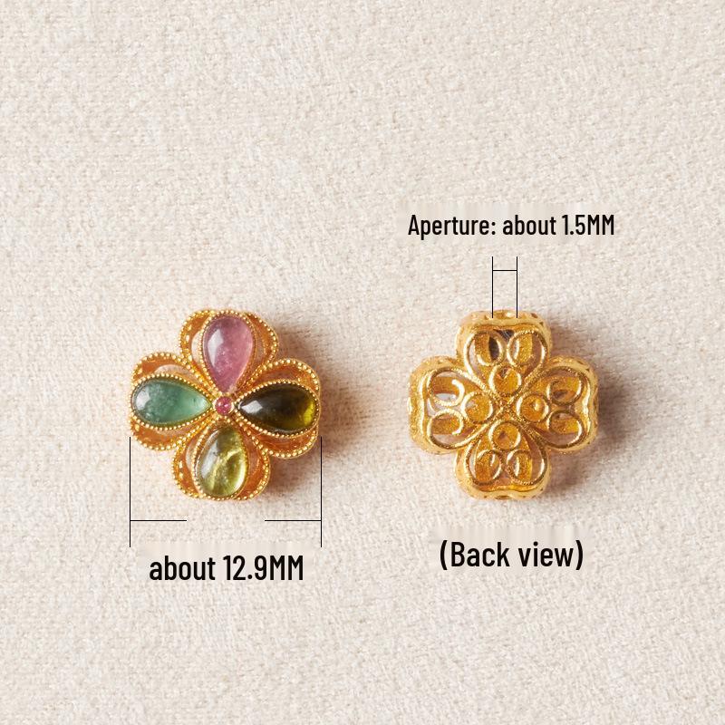 

24K Gold-Plated Copper Four-Leaf Clover Spacer Beads with Natural Tourmaline for DIY Jewelry.