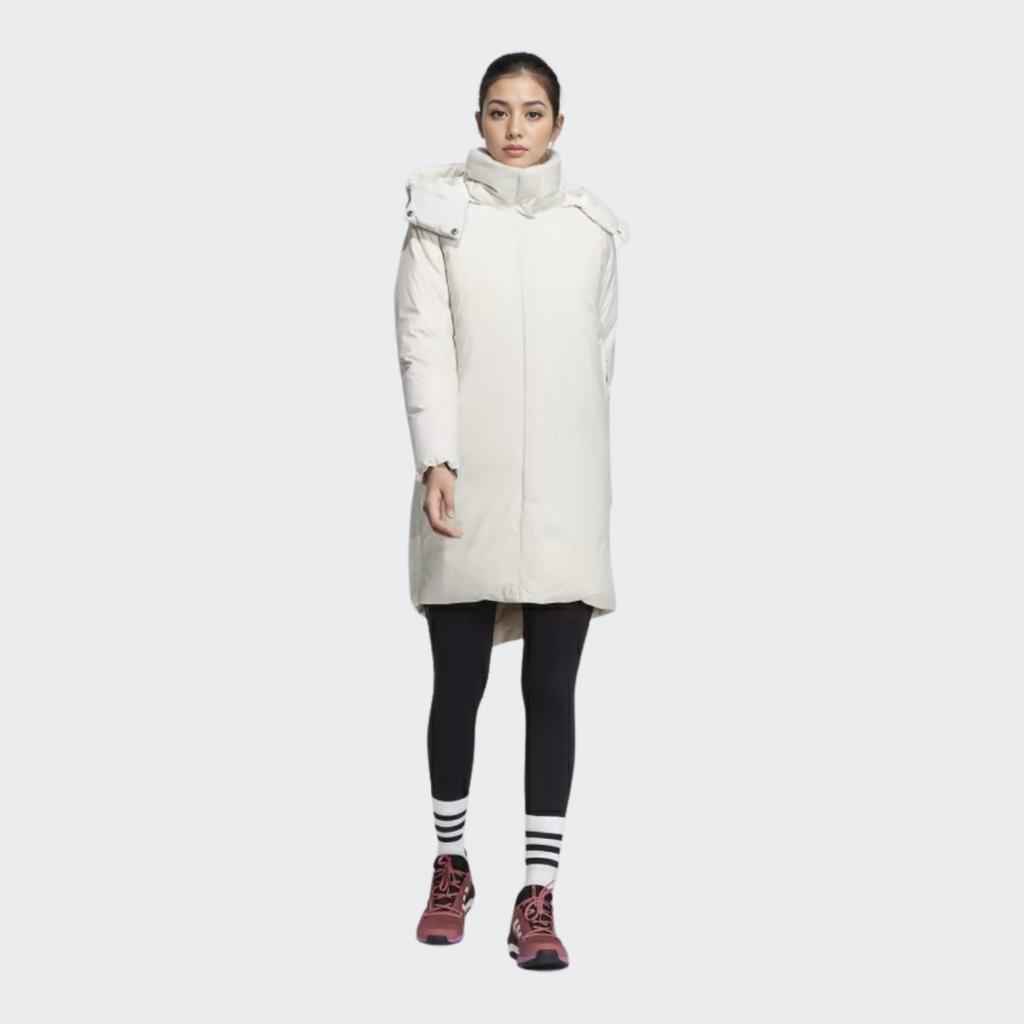 adidas Cappotto da donna in piuma con cappuccio rimovibile, lunghezza lunga, cappotti da donna, bianco HN2114