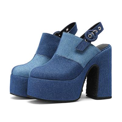Sandale de damă la modă, cu mărime mare, cu blocuri de culoare, din material denim, cu barete la spate, cu platformă înaltă impermeabilă, sandale decupate