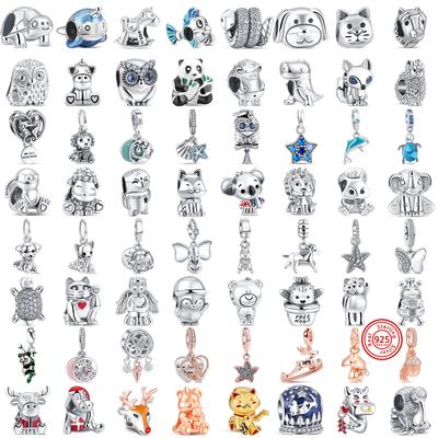 New Panda Owl Unicorn Lucky Cat Dog Lion Elephant Animal Beads Fit Charm Bracelet Women 925 Silver Jewelry