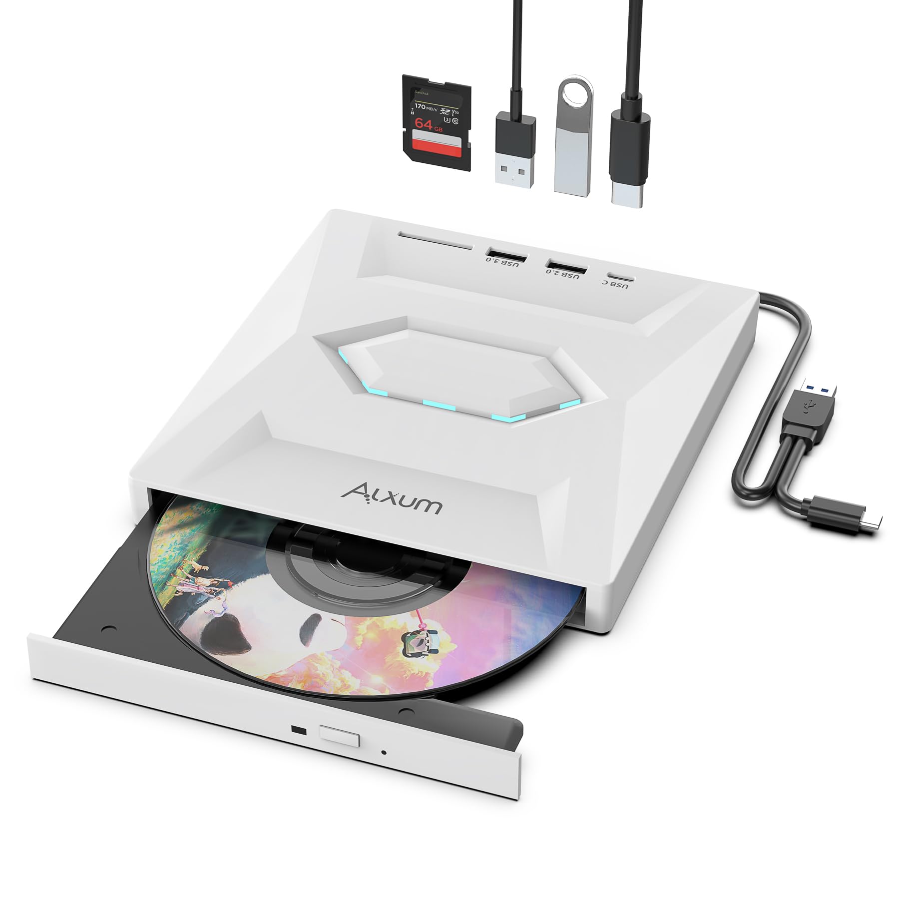 

Alxum 5 IN 1 External Drive with SD Slot and USB Port CD Recorder DVD 8X CD 24X Super High Speed DVD Player with CD/DVD [Compatible Windows/Mac білий