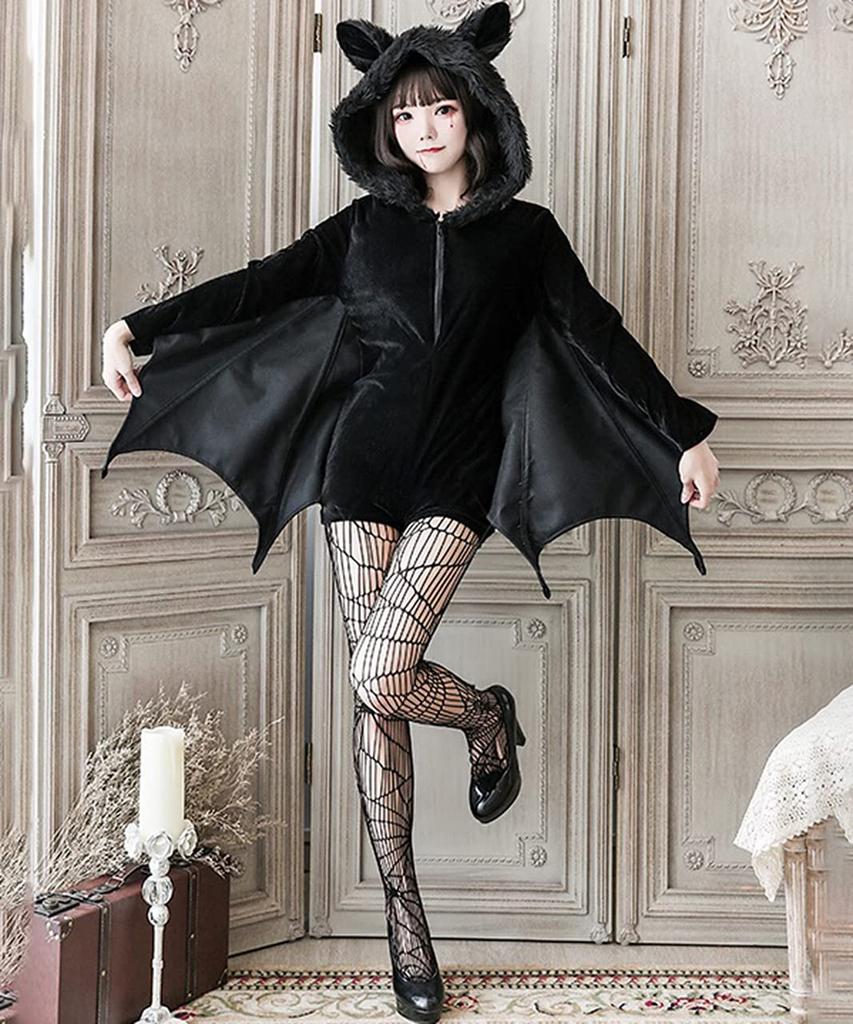 Milky Time Bat Halloween Cosplay Vampire Devil Costume for Adults with Fishnet Tights (L)