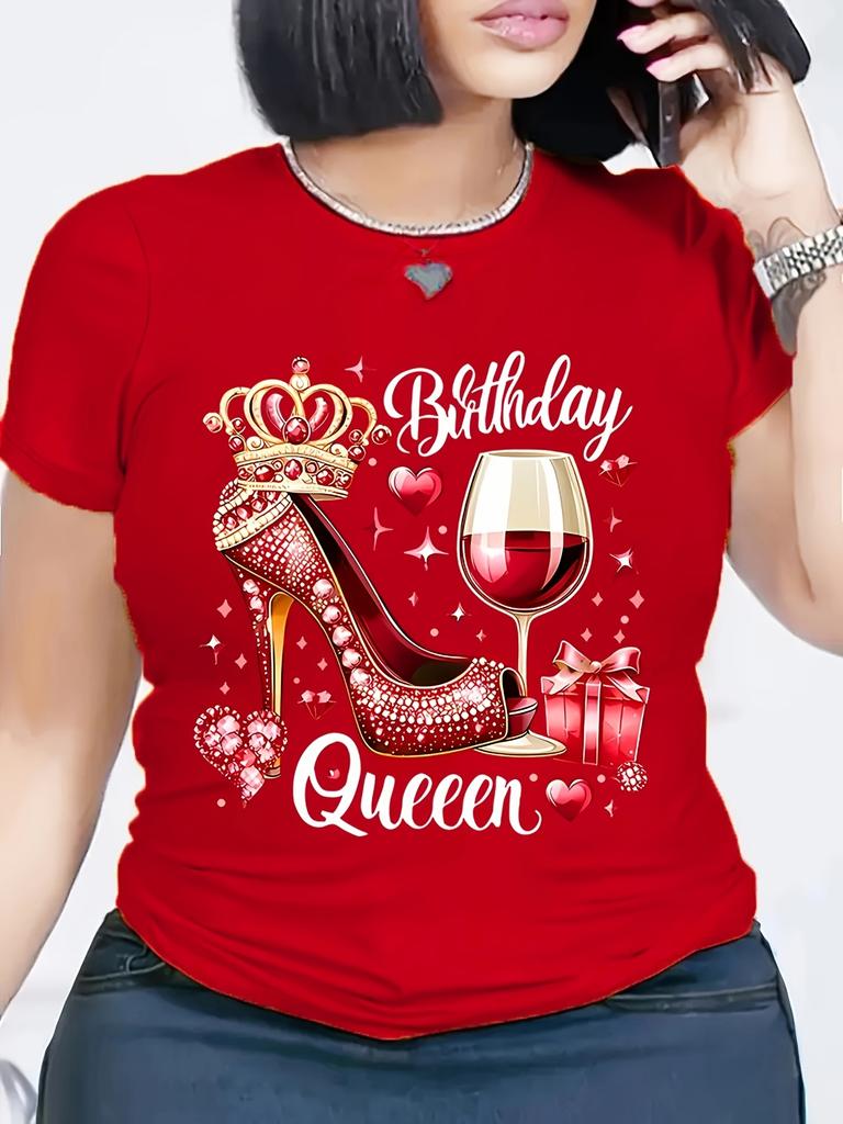 Red Birthday Queen Women's High Heels and Crown Wine Glass Pattern Tshirt Casual Short Sleeve Round Neck T-shirt Machine Wash