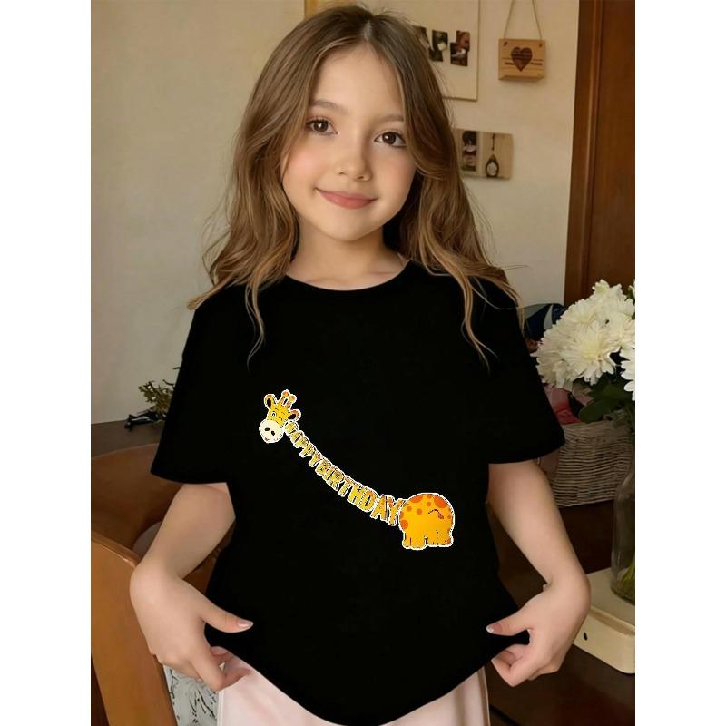 European Size Girls Round-neck Short-sleeved T-shirt with Cartoon Giraffe Pattern Print 98cm чёрный