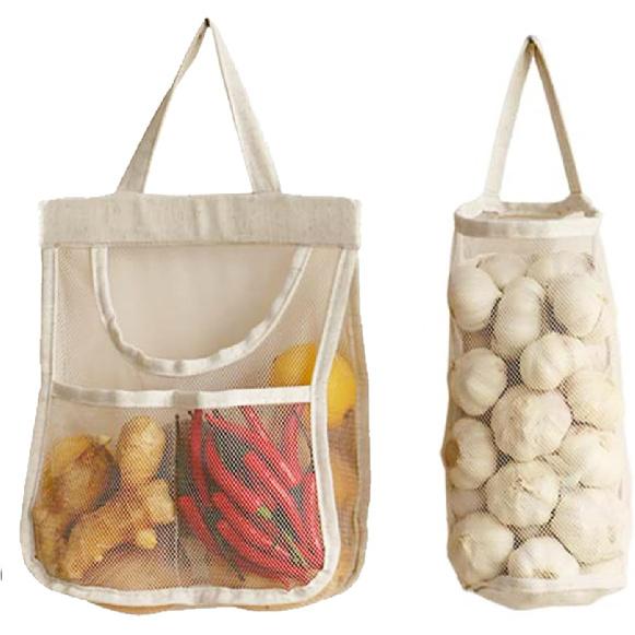 2-Pack Cotton Linen Mesh Hanging Storage Bags – Wall-Mounted Storage Pouch for Organizing