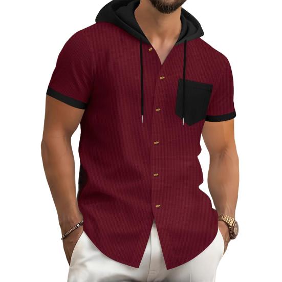 Men's Summer Hooded T-shirt Short Sleeved Button Down Tee with Chest Pocket Waffle Color Block Casual Hoodie T-shirt for Gym Street Wear