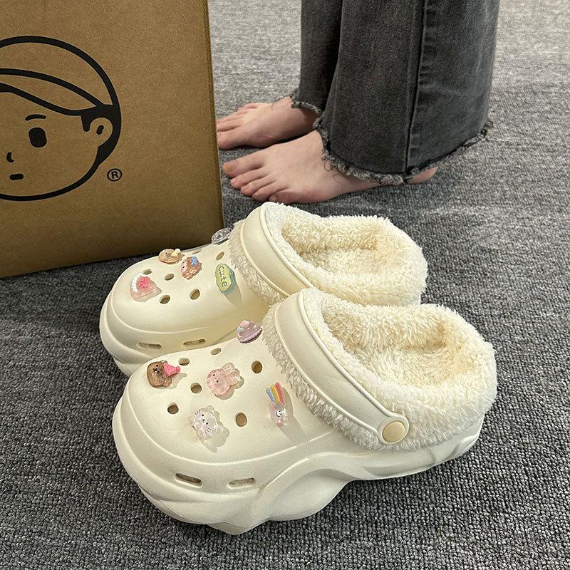 New velvet hole shoes women's winter non-slip outer wear cotton shoes heightened thick-soled home removable cotton slippers