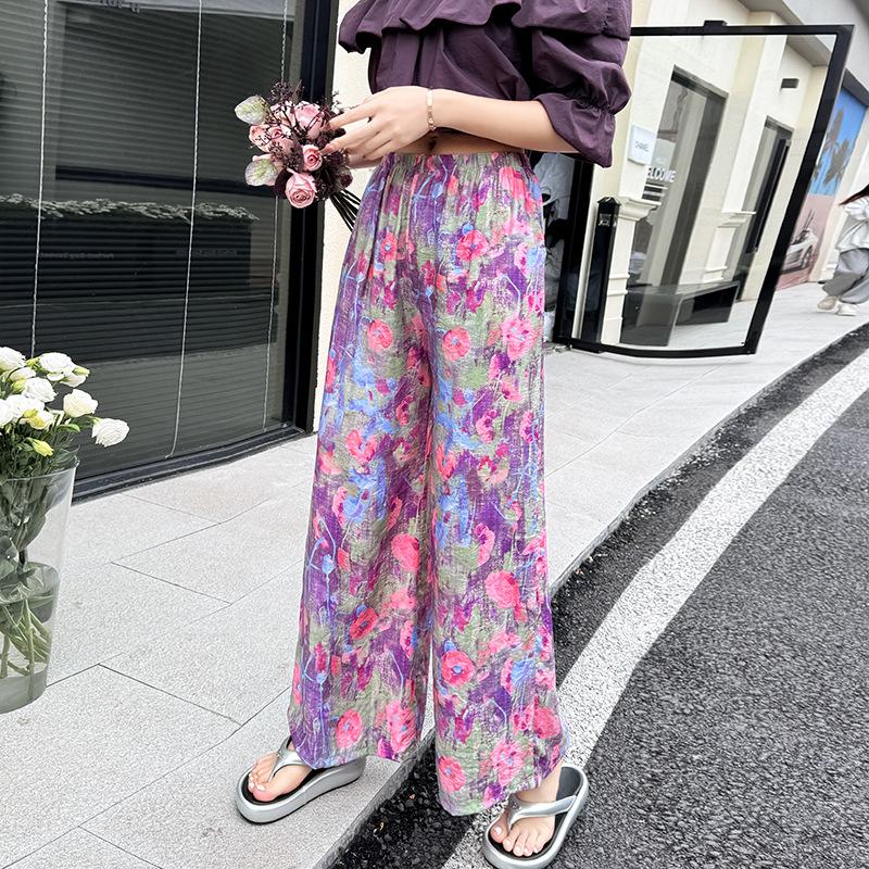 Pantaloni de pijama din bumbac mătase pentru femei, secțiune subțire de vară, anti-țânțari, pantaloni cu picior lat, culoare uni, pentru exterior, casă, petrecere a timpului liber, imprimeu, pantaloni de plajă până la genunchi