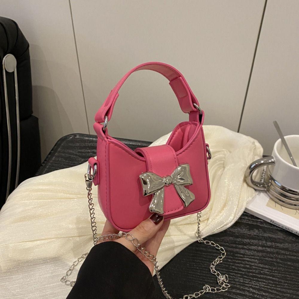 Handbag Silver Bucket Bag Pu Leather Women's Shoulder Bag Simple Bow Buckle PU Bag  Makeup Bag