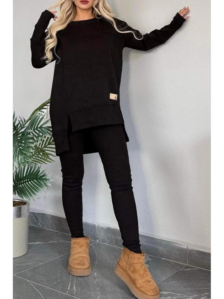 2025 Women's Autumn/Winter Casual Solid Color Long Sleeve Slit Top Set