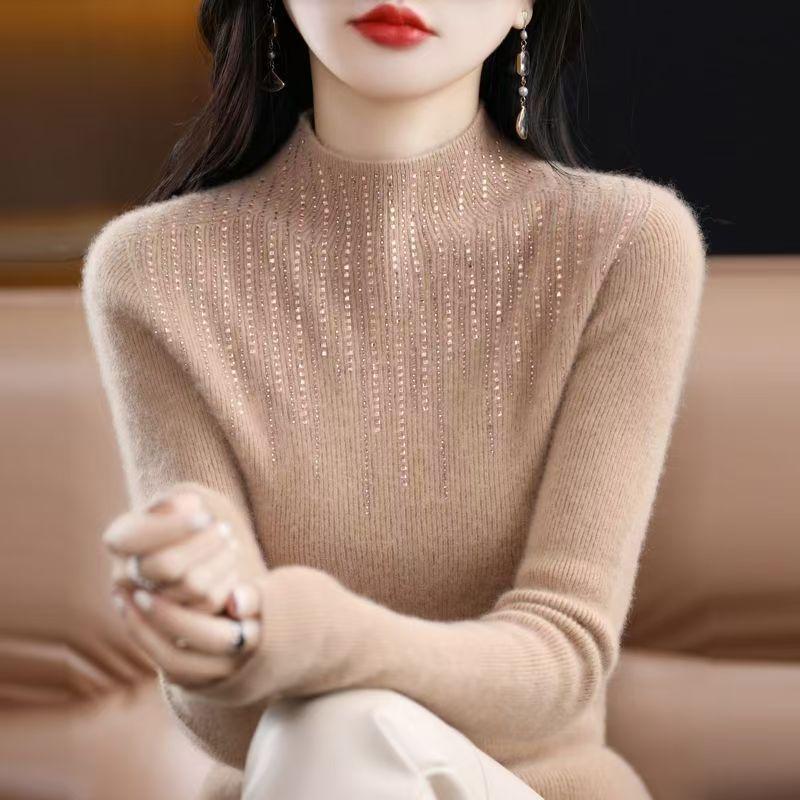 2025 Autumn/Winter Women's Rhinestone Cashmere Sweater - Semi-High Neck & Slimming Fit