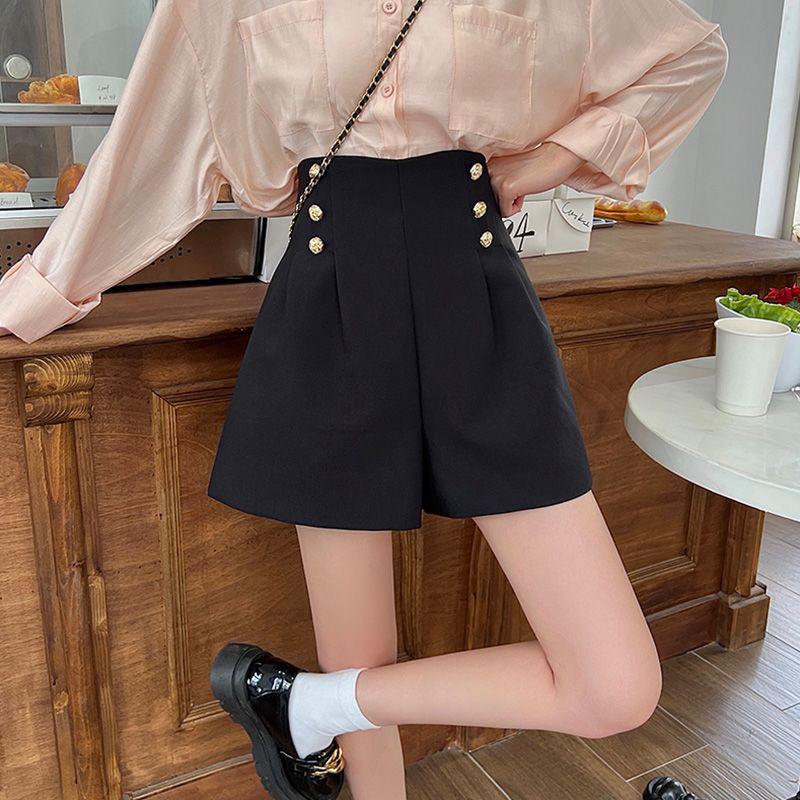 Women's High Waist Black A-Line Shorts - Summer 2026 Korean Style, Slimming, Casual Wide-Leg Design.