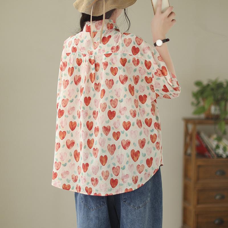 Summer Blouses Korean Commuter Arc Hemp Sweet Painted Love Short Sleeved Shirts Women's Clothing & AccessoriesTops