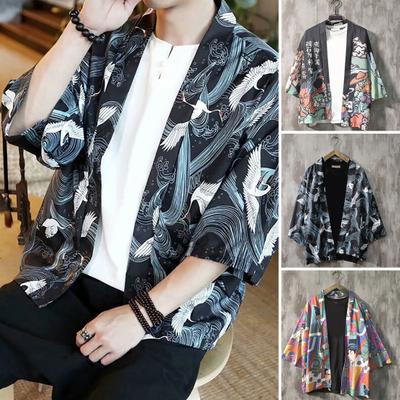 Camisa masculina estilo chinês estampa manga 3/4 relaxado ajuste streetwear japonês solto gola alta quimono top roupas masculinas