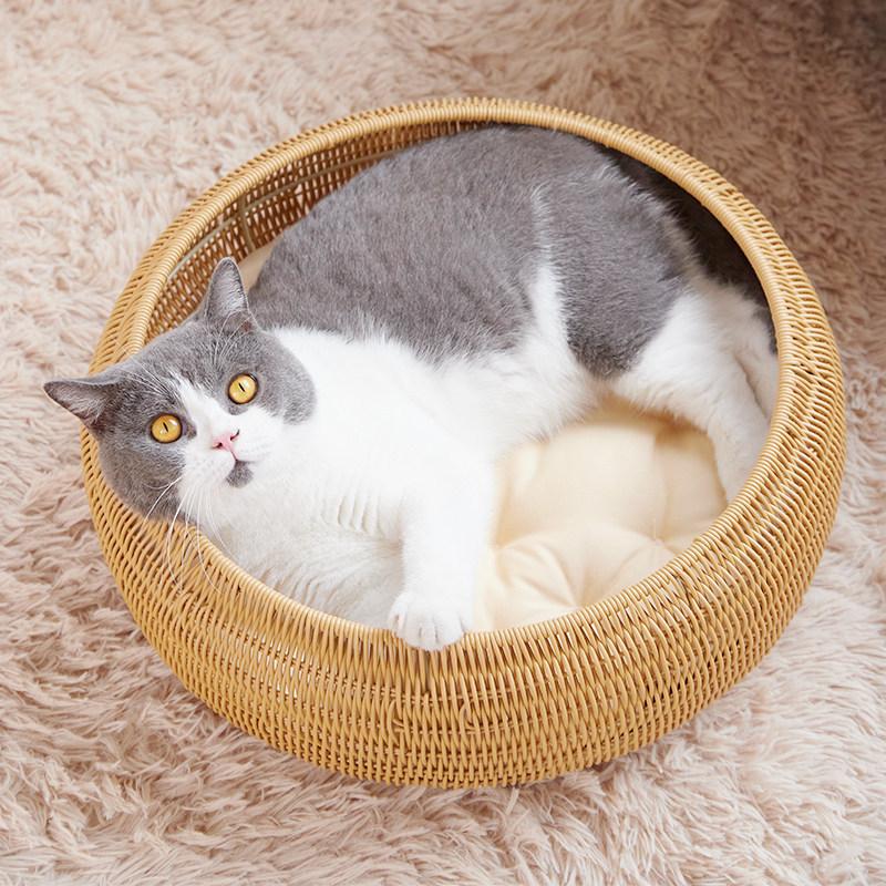 PP Rattan Circular Cat Cage Pet Bed Warm Autumn Winter Pad Cat Beds Removable Washable Doghouse Hammock for Cats Villa Nest