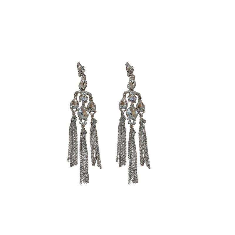 Silver needle with diamonds, water drop fringed earrings, super fairy light luxury temperament exaggerated earrings, high-end exquisite jewelry women