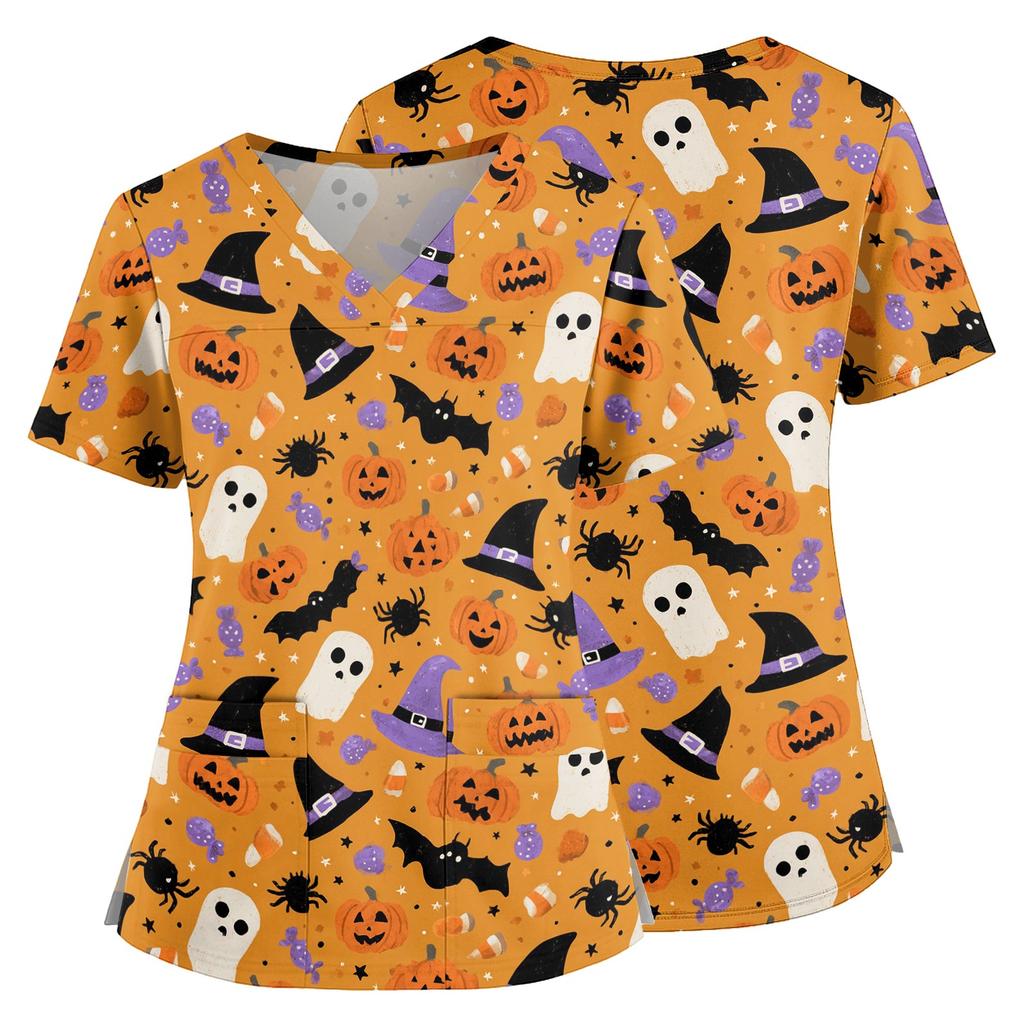 Halloween Print V Neck Medical Scrub Top with Pockets Side Slits Short Sleeve Nurse Uniform Shirt for Women