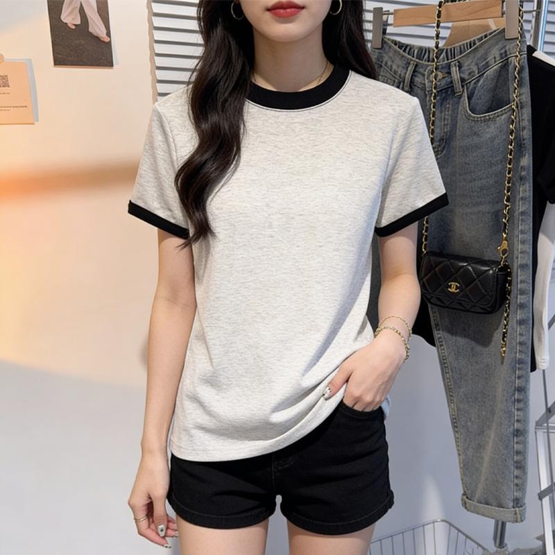 Two-tone round-neck short-sleeve t-shirt for women, 2026 new summer base shirt, slim-fit short top