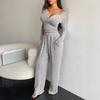 Women's Off Shoulder Button V Neck Cropped Long Sleeve Top Wide Leg Pants 2 Piece Loungewear Set