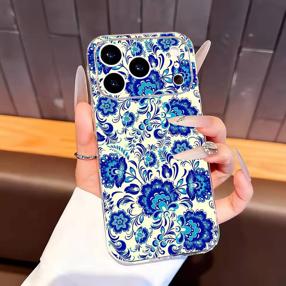 

blue and white china Phone Case For iPhone17,16,15,14,13,12,11 Plus,Pro Max Soft Transparent Cover iPhone13PROMAX