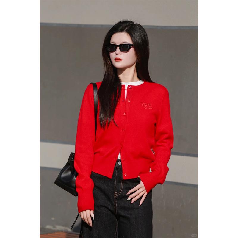 

2025 Spring Women s Casual Red Koi Embroidered Wool Cardigan Sweater Large красный