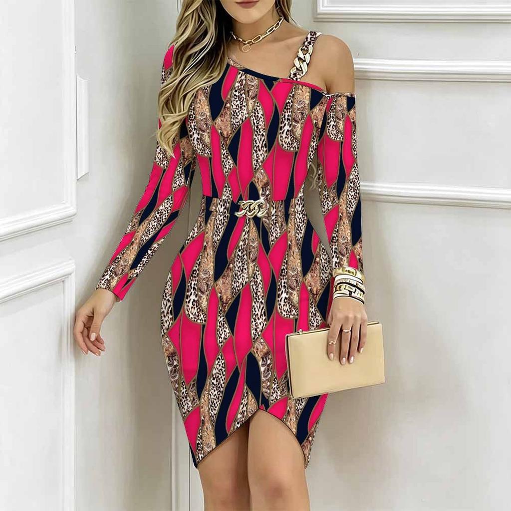 Women Plus Size Asymmetric Cold Shoulder Long Sleeve Dark Gold Leopard Print Irregular Wrap Bodycon Midi Dress