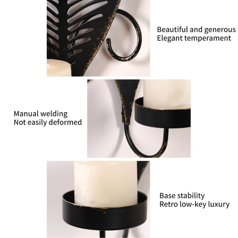 Elegant Black Metal Wall Candle Sconces, Leaf Shape Decorative Candlestick Candle Holders For Home And Event 2PCS