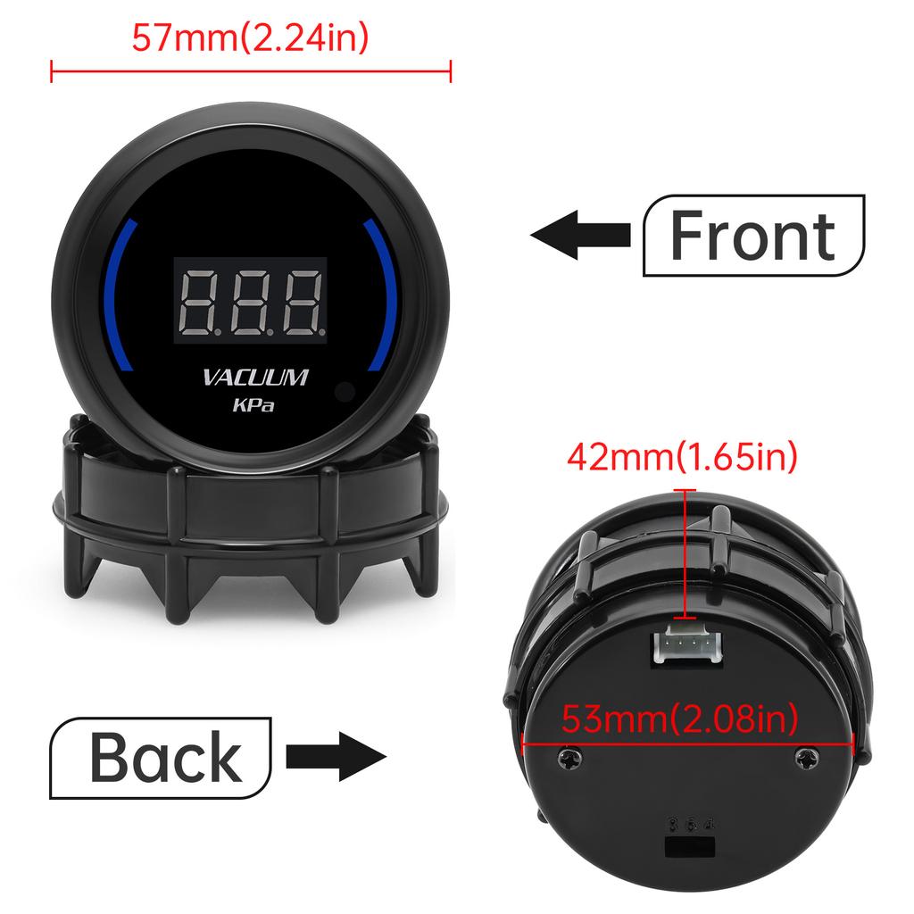 52mm Universal Gasoline Car Digital Vacuum Meter Sensor-1~0 Kpa Smoke Lens Blue LED Vaccum Gauge Black With Warning Light 12V