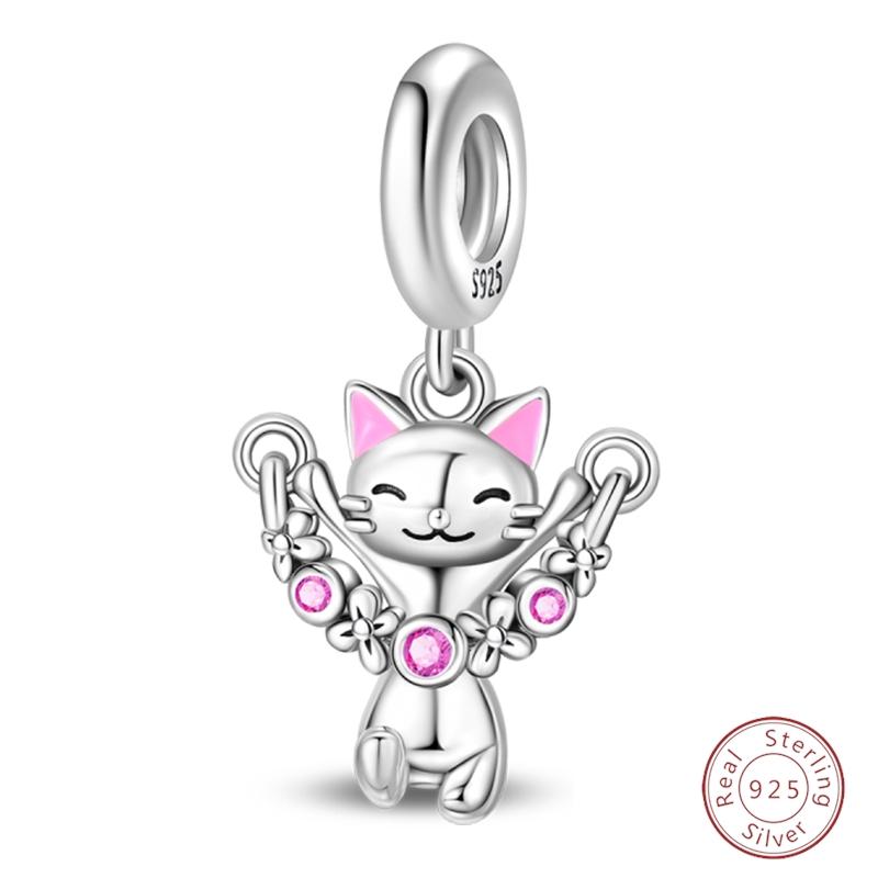 S925 Silver Birthday Bear Lucky Cat Elephant Family Firefly Charms Beads Fit 3mm Bracelets DIY Fine Jewelry