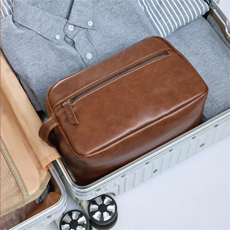 Men PU Leather Wash Bag Travel Business Trips Portable Cosmetic Bag Large Capacity Multi Pocket Design Handheld business trip Wash Bag