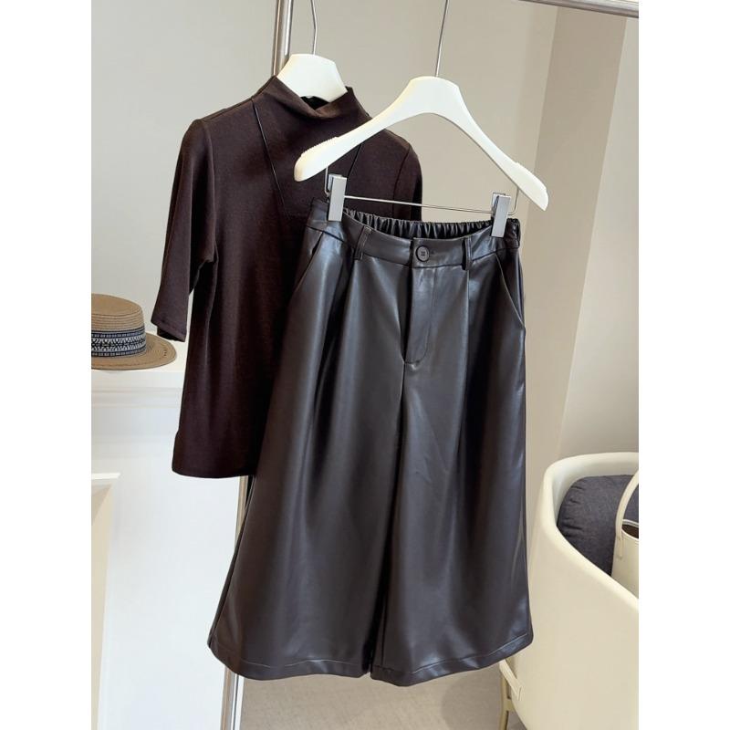 

High luxury black suit pu leather pants women s autumn and winter high waist and thin straight loose casual seven-point wide-leg boots M кофейный