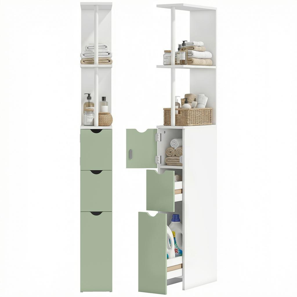 Slim Bathroom Storage Cabinet, Tall Bathroom Floor Cabinet with 2-Tier Shelf and 2 Drawers, White and Light Green