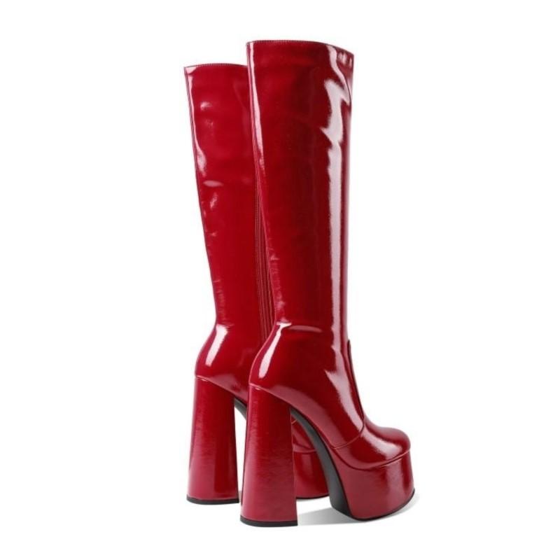 Stivali a Gambale Alto da Donna Rossi con Tacco Grosso e Zip Laterale Nuovi per la Primavera/Estate 2025 Moda Street da Passerella Taglia Grande 43