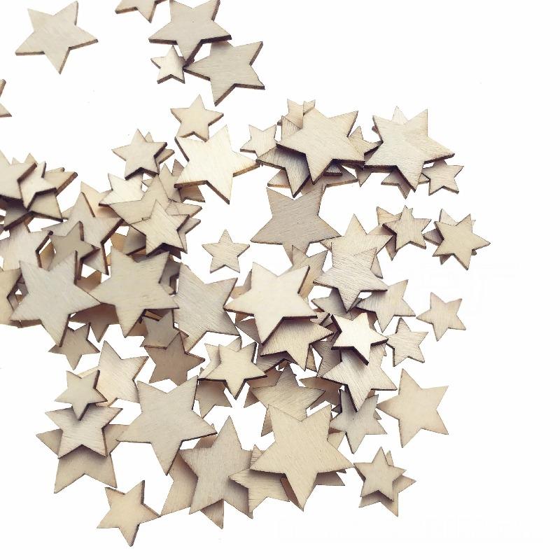 100Pcs Unfinished Wooden Stars Ornaments Cutout Blank Wood Pieces Star Cutouts Ornaments for Christmas Wedding Party DIY Crafts