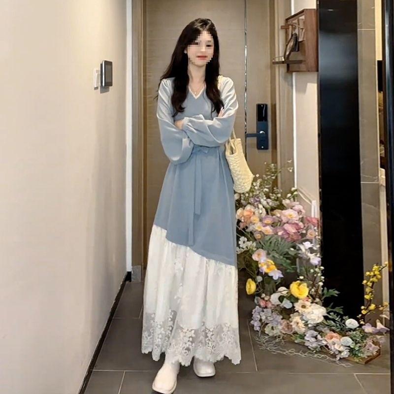 French Style Long Dress With Lace Paneling For Casual Wear In Spring 2026