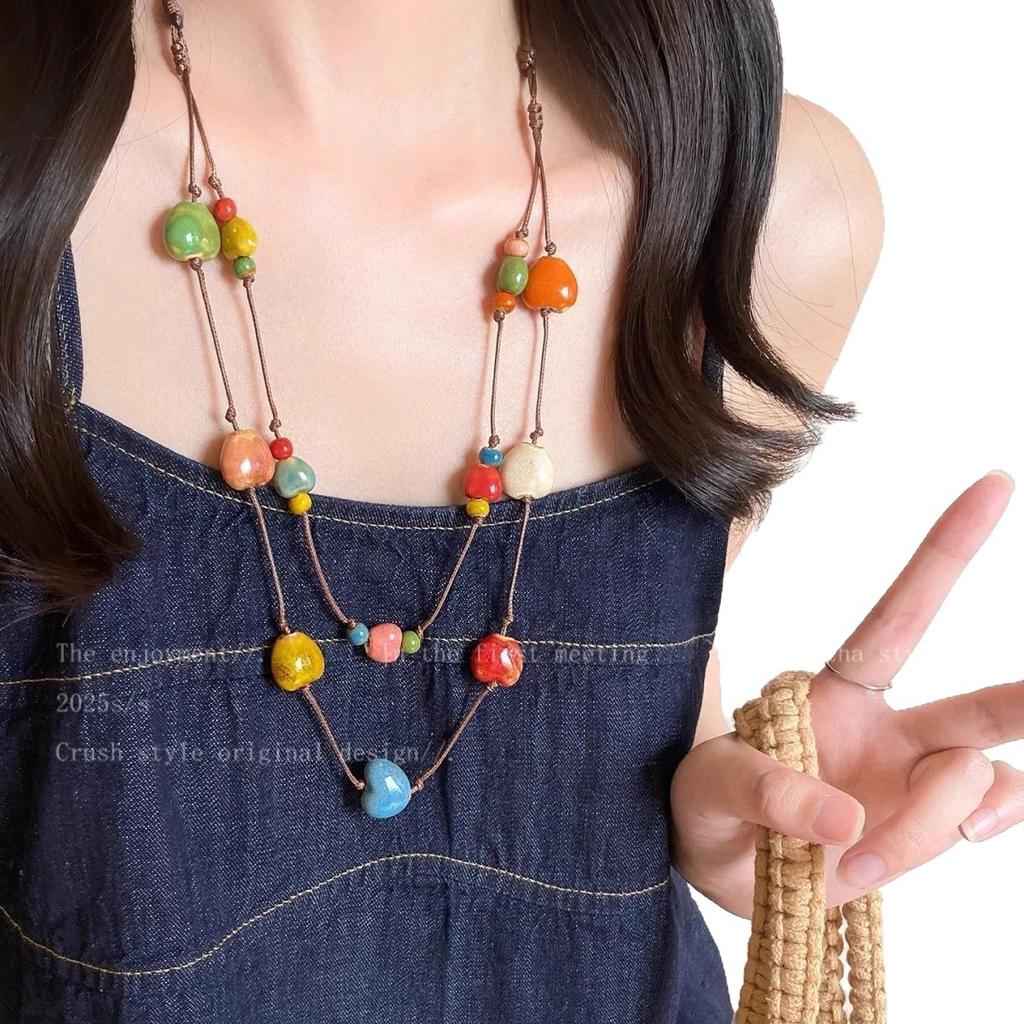Dopamine color ceramic love hand-woven beaded necklace women's seaside vacation style long sweater chain accessories
