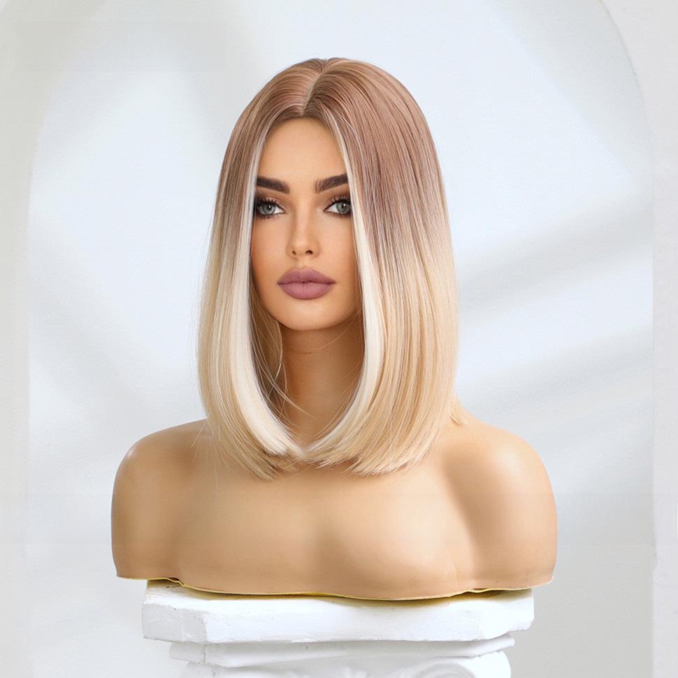Gradient Platinum Highlight Shoulder-Length Straight Wig: European & American Style, Synthetic Fiber