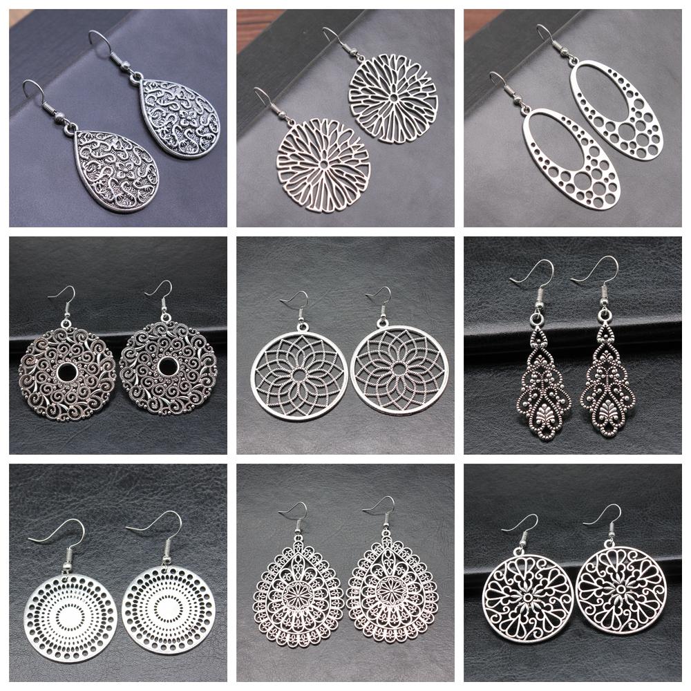 38 Styles Women Ethnic Style Jewelry Earrings Bohemia Carved Round Oval Waterdrop Flower Pattern Dangle Earrings Drop Earrings
