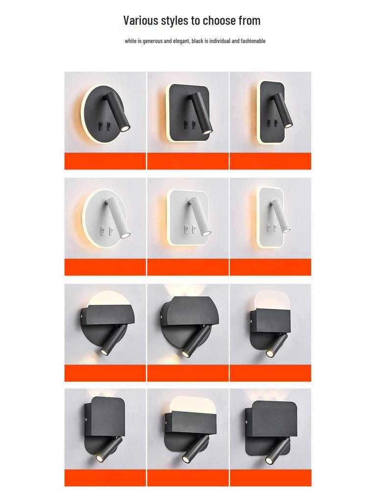Modern Minimalist Indoor LED Wall Lamp with USB Reading Light for Bedroom or Living Room.