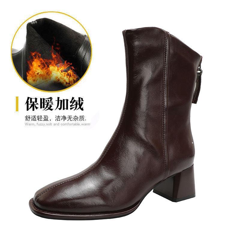Thick Heel Short Boots Women's Spring and Autumn Single Boots 2025 New Oblique Medium Tube Women's Boots French Small Short Boots Square Head Thi