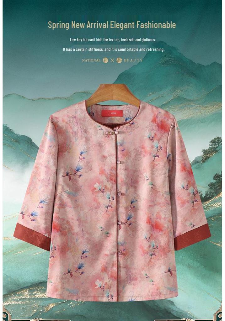 Imitation Silk Shirt for Elderly Women - Chinese National Style