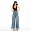 Spring Summer Light Blue Patchwork High Waist Relax Slim Casual Nine Points Straight Wide Leg Denim Pants For Women Casual Oversize Denim Trousers