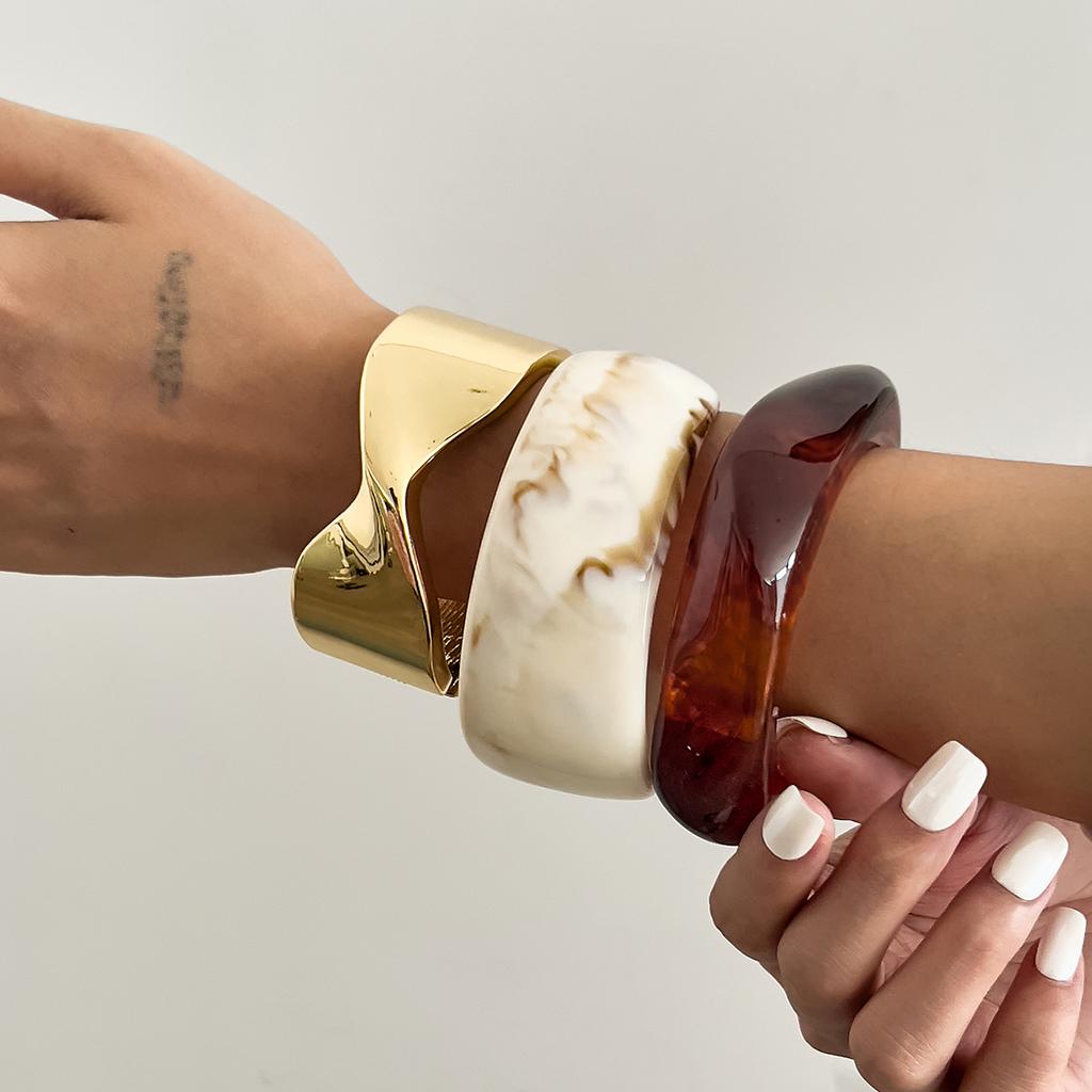Ingemark 3 Styles Boho Smooth Chunky Resin Bangles Women Trendy Geometric Irregular Stacking Wide Bracelets Party Couple Jewelry